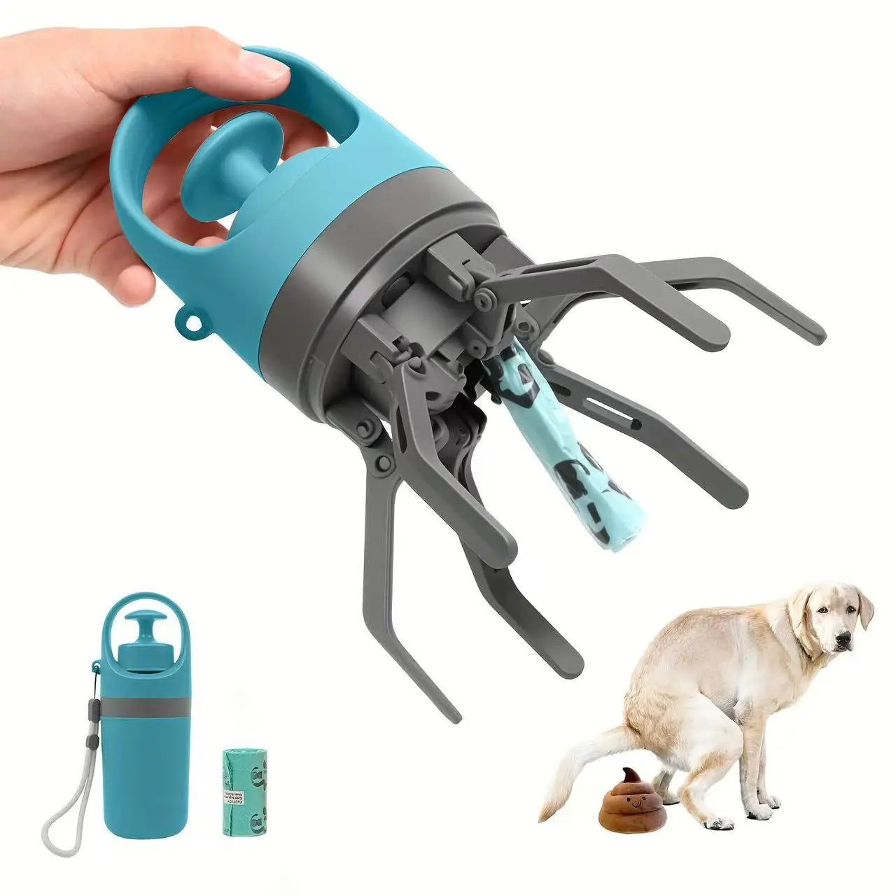 Portable 6-Claw Pet Poop Picker No-Touch Dog Poop Scooper Built-in Waste Bag Holder Outdoor Walking Clean Poop Collector