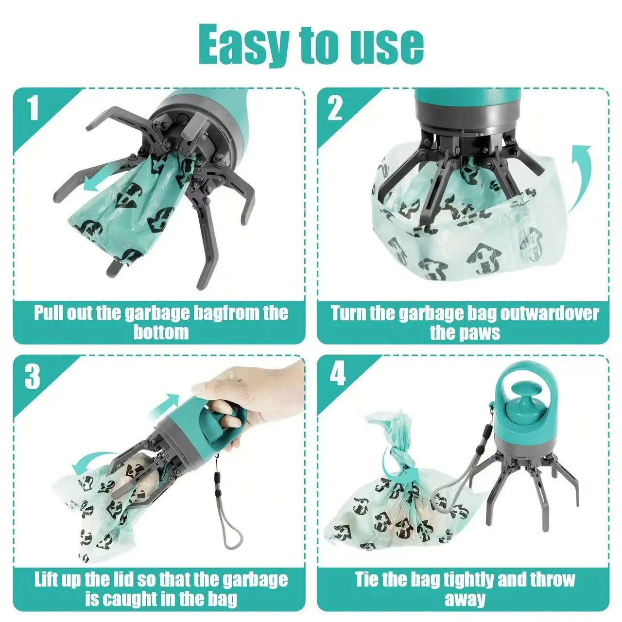 Portable 6-Claw Pet Poop Picker No-Touch Dog Poop Scooper Built-in Waste Bag Holder Outdoor Walking Clean Poop Collector
