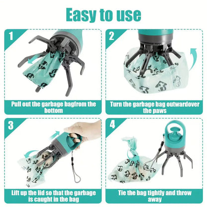 Portable 6-Claw Pet Poop Picker No-Touch Dog Poop Scooper Built-in Waste Bag Holder Outdoor Walking Clean Poop Collector